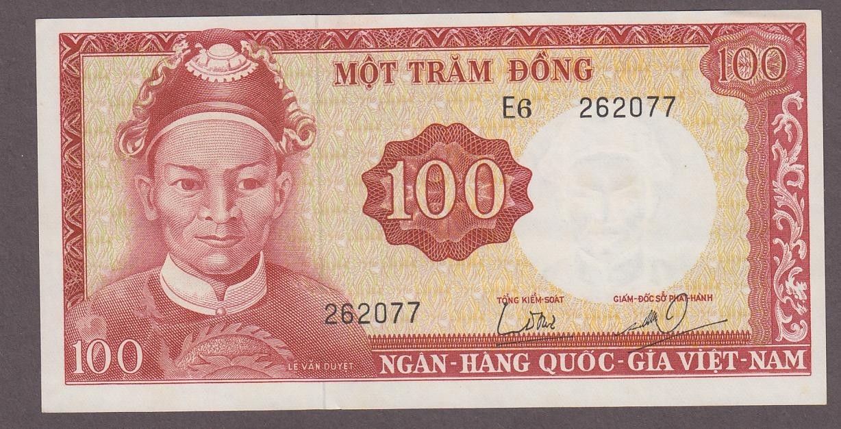 Vietnam South 100 Dong Banknote P-19b King Head Watermark ND 1966 UNC