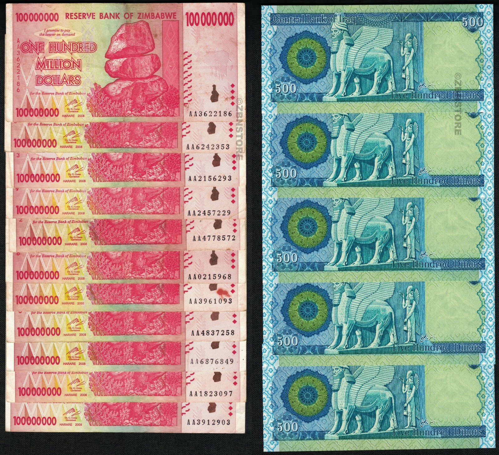 10 x 100 Million Zimbabwe Dollars Banknotes AA 2008 + 5 x 500 Iraq Dinars 2018