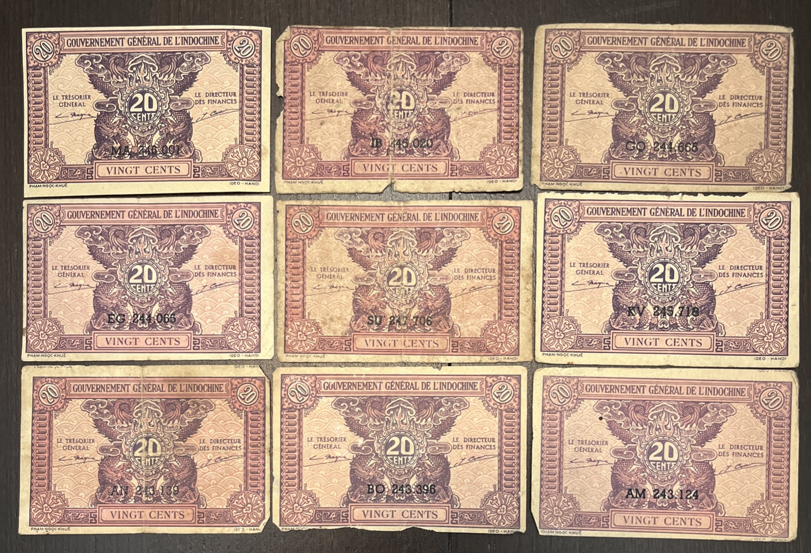 FRENCH INDOCHINA 1942 20 Cents Vietnam 9 Banknotes