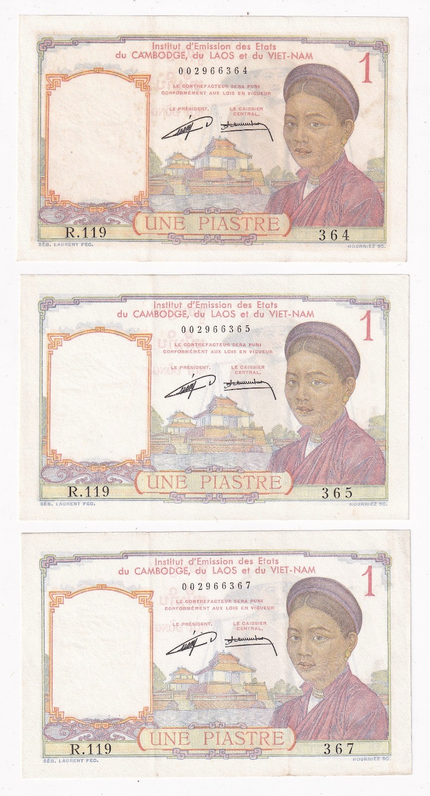 French Indochina 1953, 1 Piastre P. 92 – Lot of 3 notes AU condition.