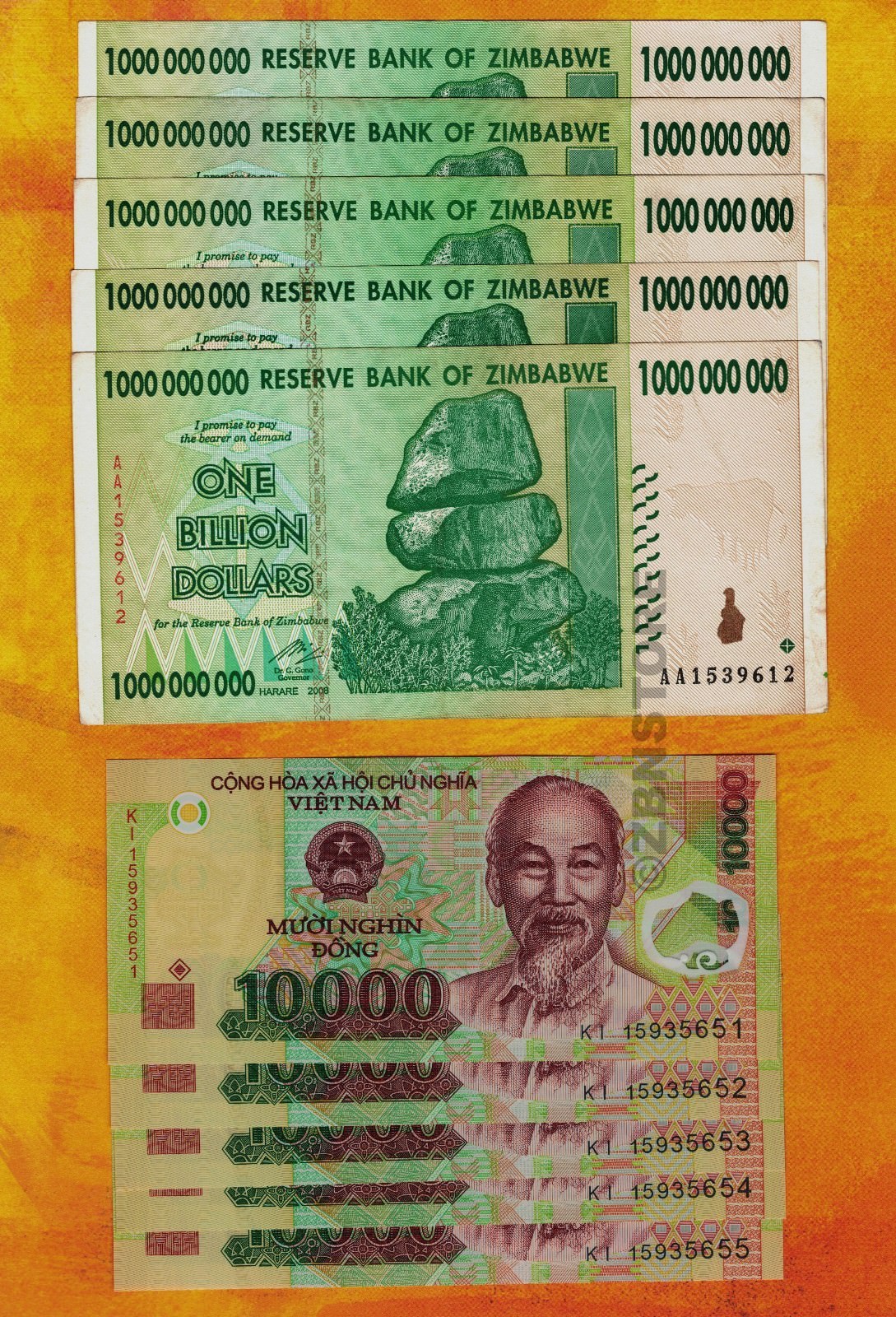 5 x 1 Billion Zimbabwe Dollars + 5 x 10000 Vietnam Dong Banknotes Currency Bills