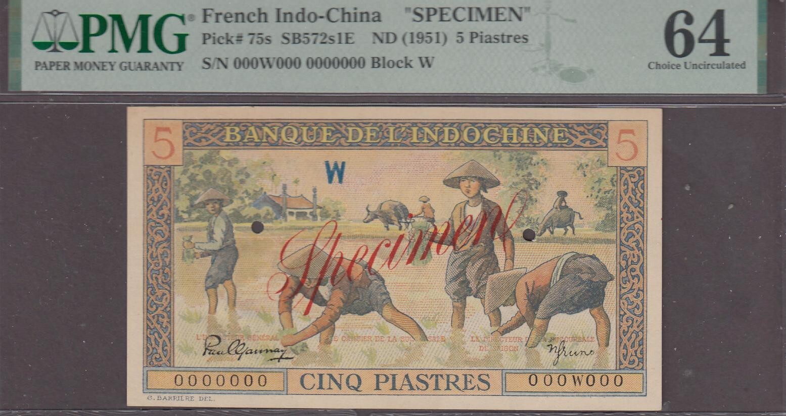 French Indochina 5 Piastres Specimen Note P-75s ND 1951 PMG 64 Choice UNC