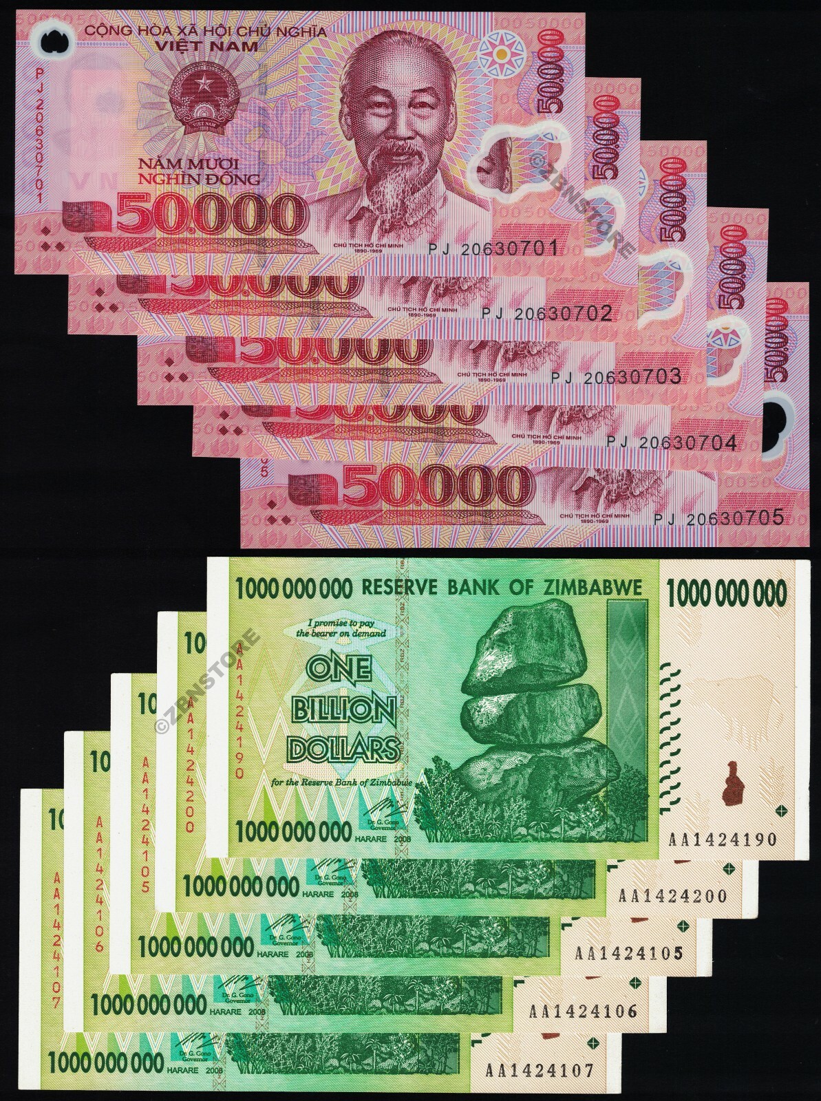 5 x 50000 Vietnam Dong Banknotes + 5 x 1 Billion Dollars Zimbabwe 100% Authentic