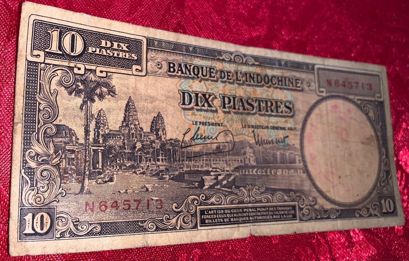 French Indochina China 10 Piastres 1947 P-80 TDLR BankNote N 645713