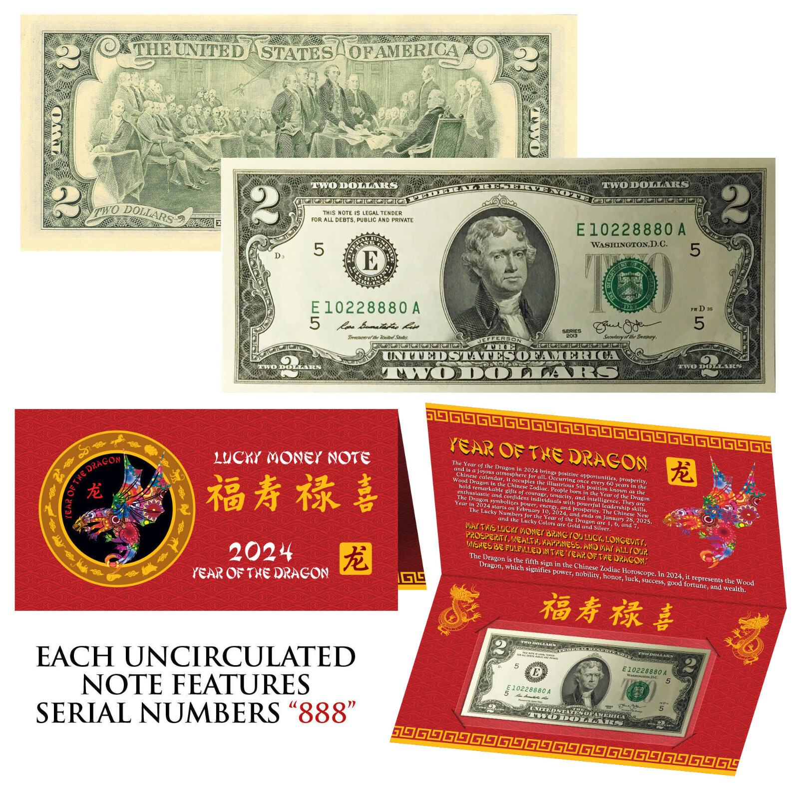 2024 CNY Chinese YEAR of the DRAGON Lucky Money US $2 Bill Red Folder – S/N 888