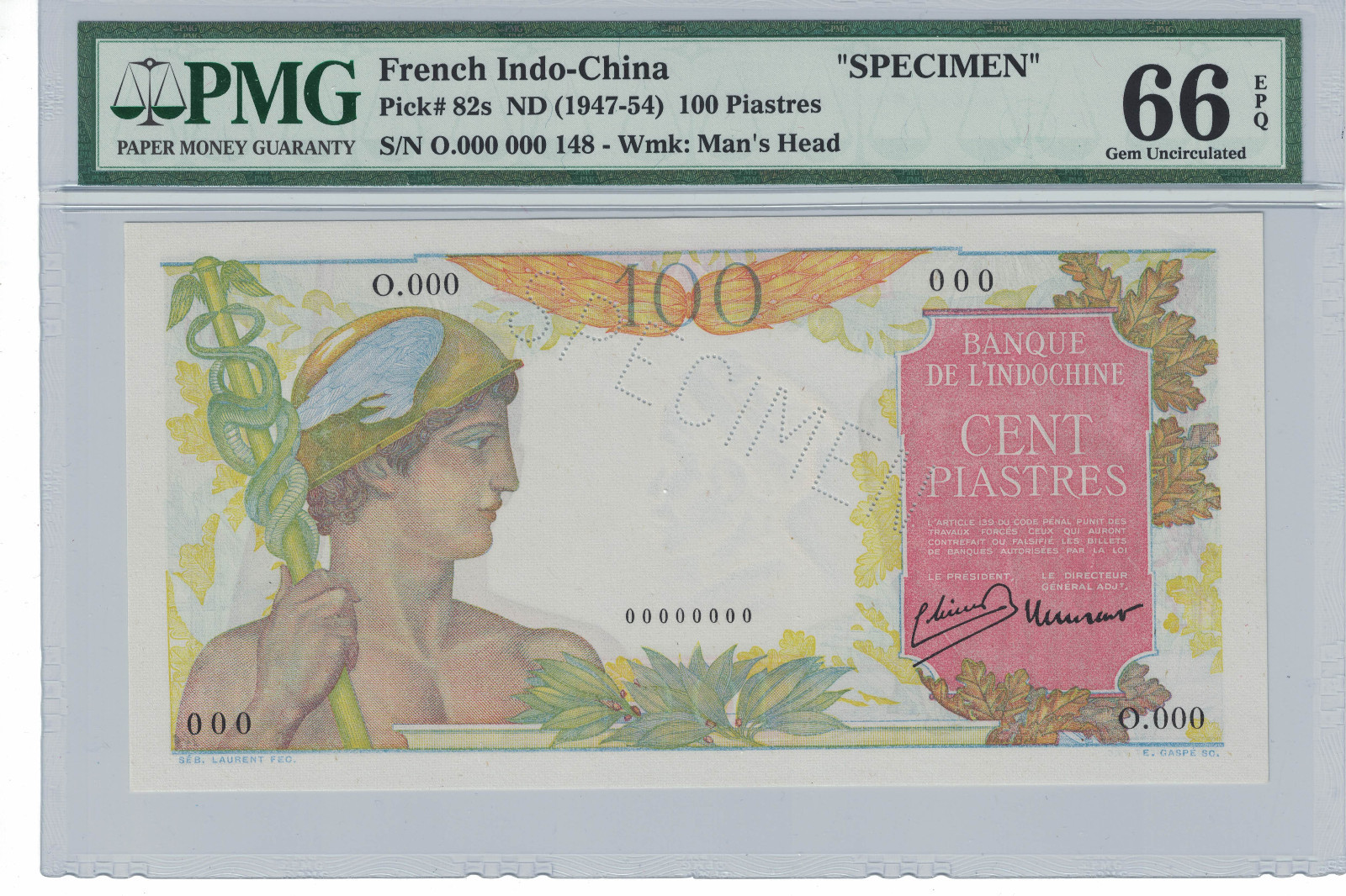 FRENCH INDOCHINA – SPECIMEN 100 PIASTRES 1947-54 PMG-66 EPQ ( #679 )