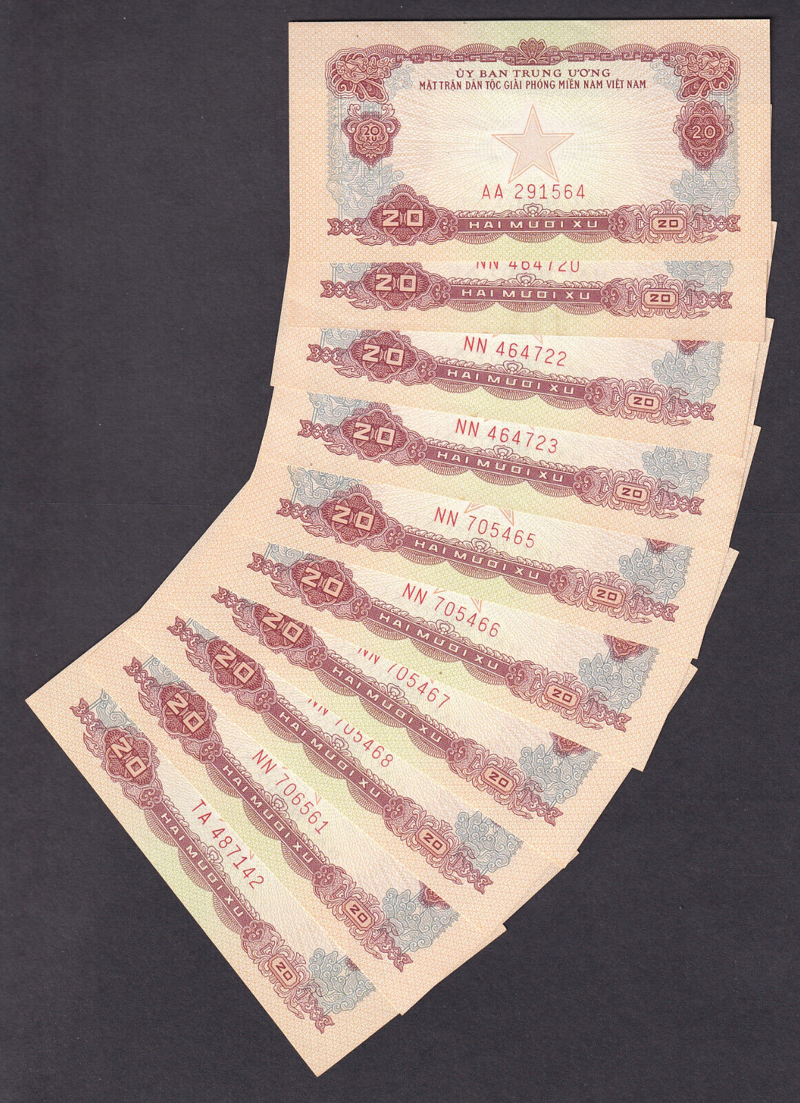 Vietnam – South P-R2. 1963 20 Xu x 10 Notes.. aU/U or UNC (Mostly UNC)