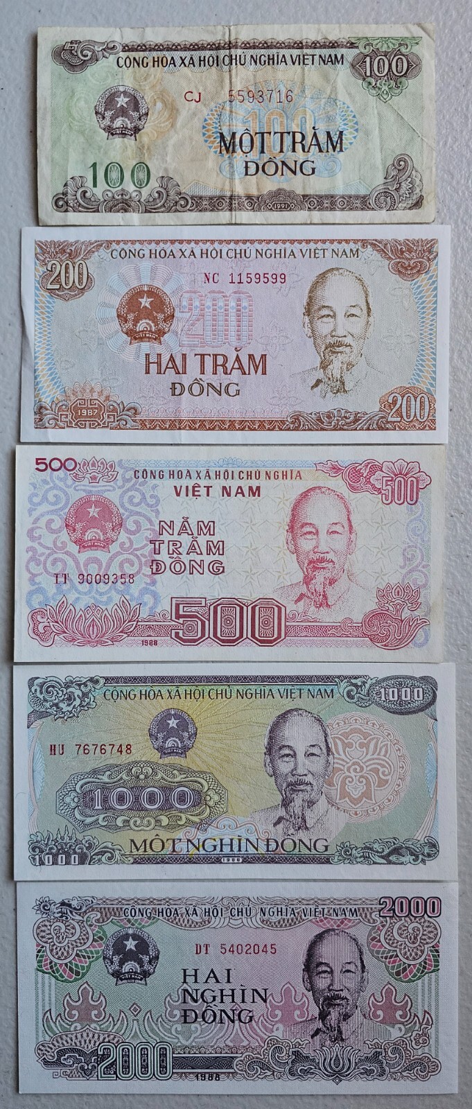 Vietnam 1987 to 1993 Set of 9, 100 to 50,000 Dong
