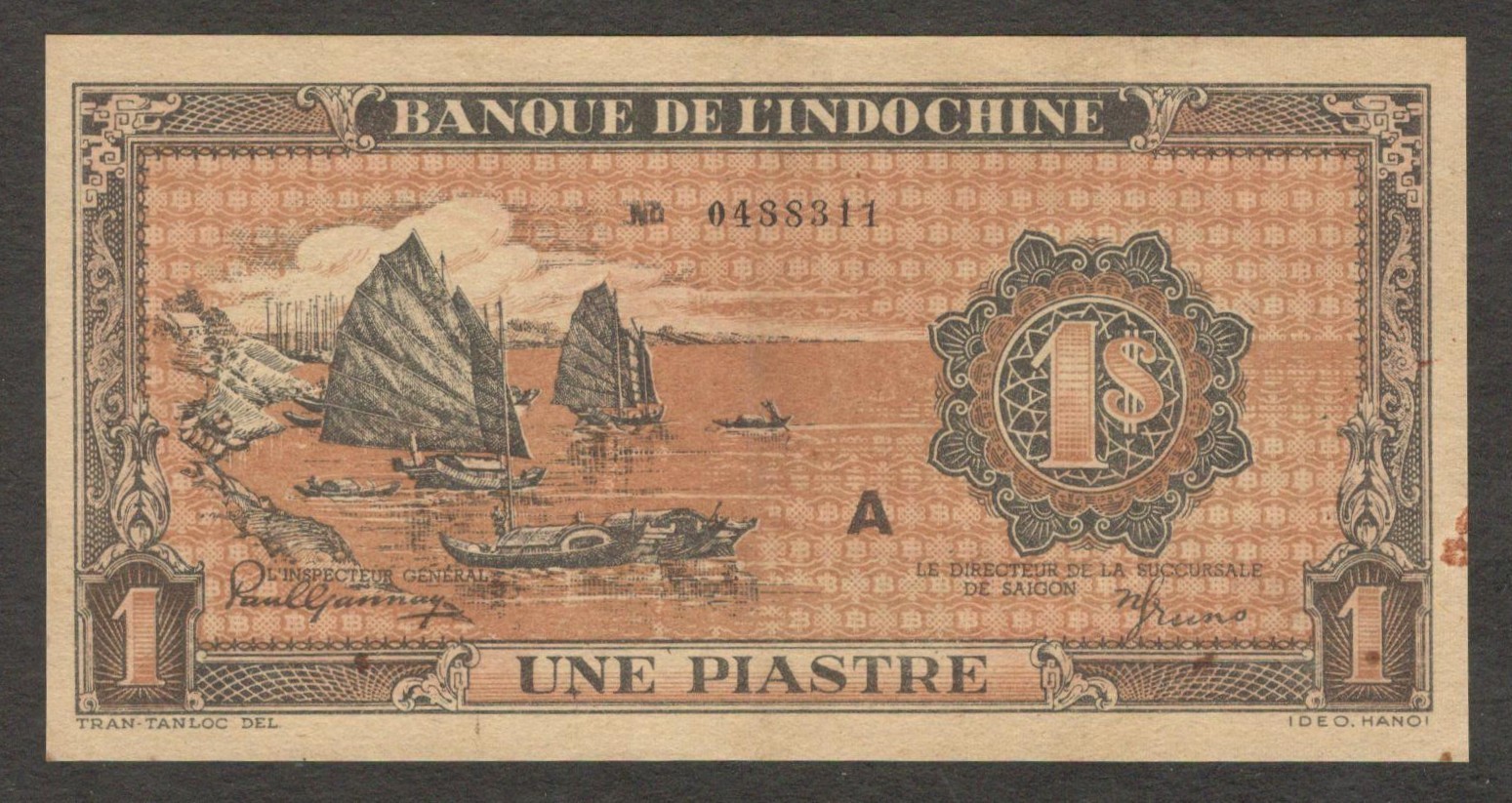 French Indochina Vietnam 1 Piastre Block A Orange P-58b 1942 – 1945 aUNC