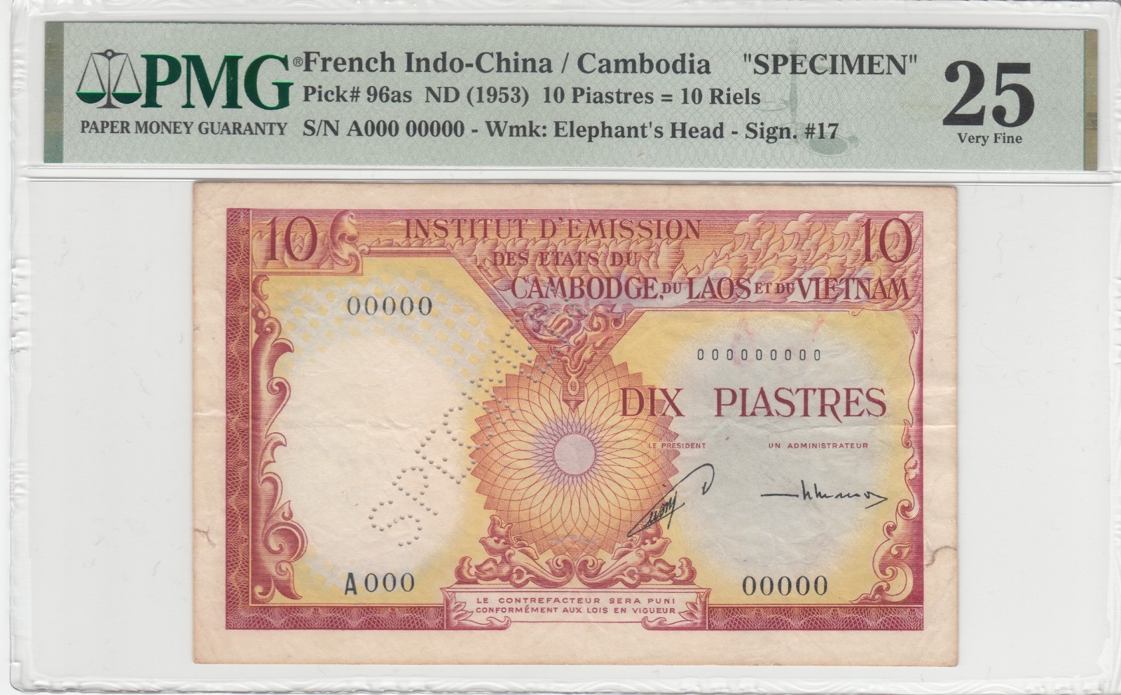 French Indochina/Vietnam 1953 PMG Certified 10 Piastres SPECIMEN P# 96as VF.