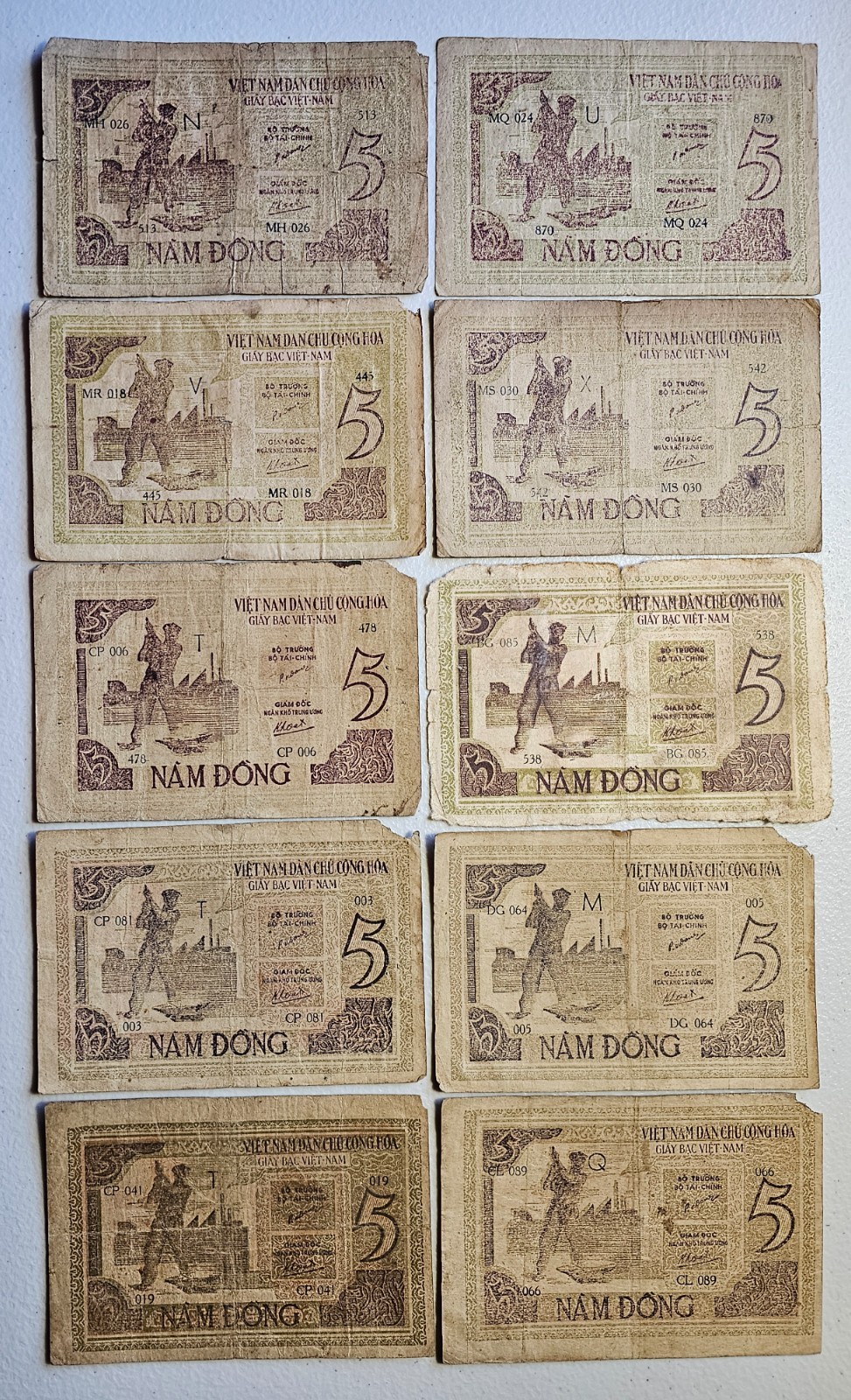 North Vietnam 5 Dong 1946, Lot of 10