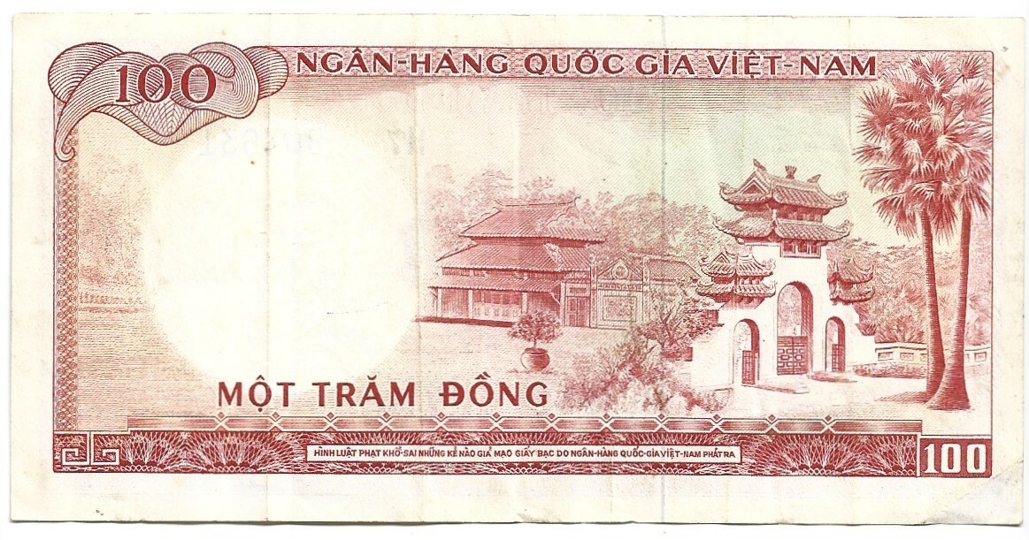 SOUTH VIETNAM 100 DONG BANKNOTE P-19b HEAD WATERMARK ND 1966 XF- FREE SHIPPING