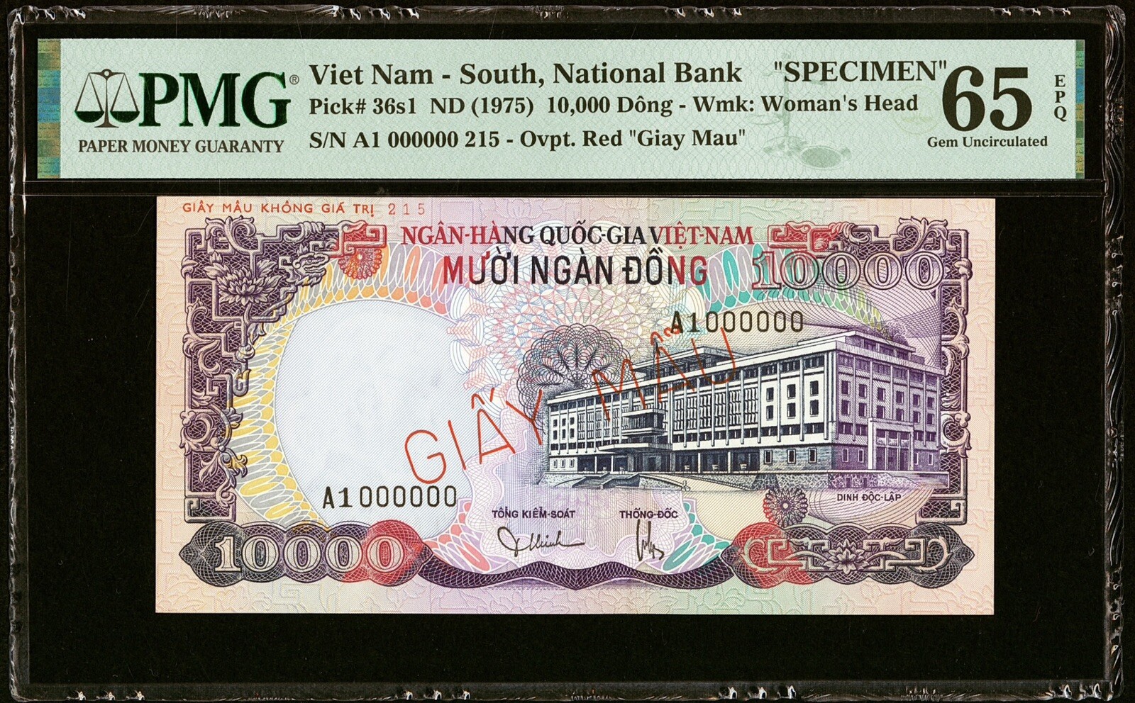 10000 Dong 1975 Vietnam South National Bank Specimen PMG Gem Uncirculated 65 EPQ