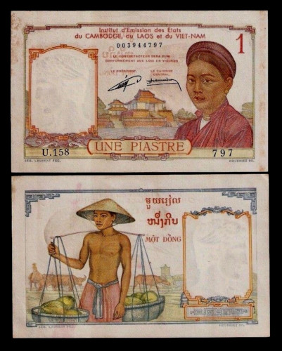 French Indo China 1 PIASTRE P-92 1953 Buffalo Fruit AUNC World Currency VIETNAM