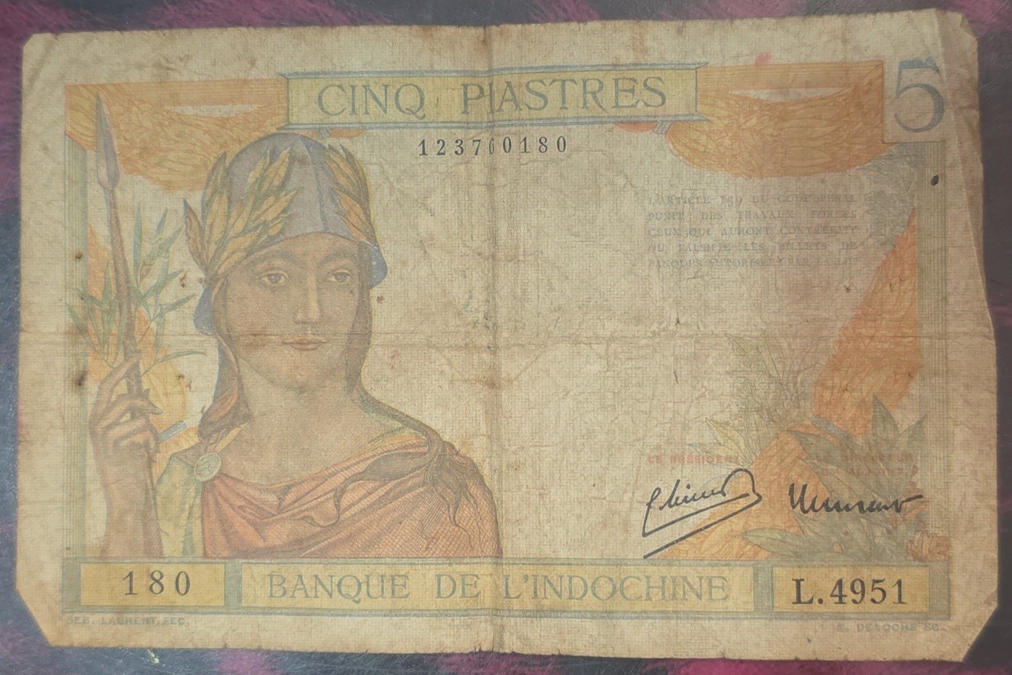 5 Piastres ND (1936) French Indo-China, Banque de L’Indochine PMG 65 EPQ
