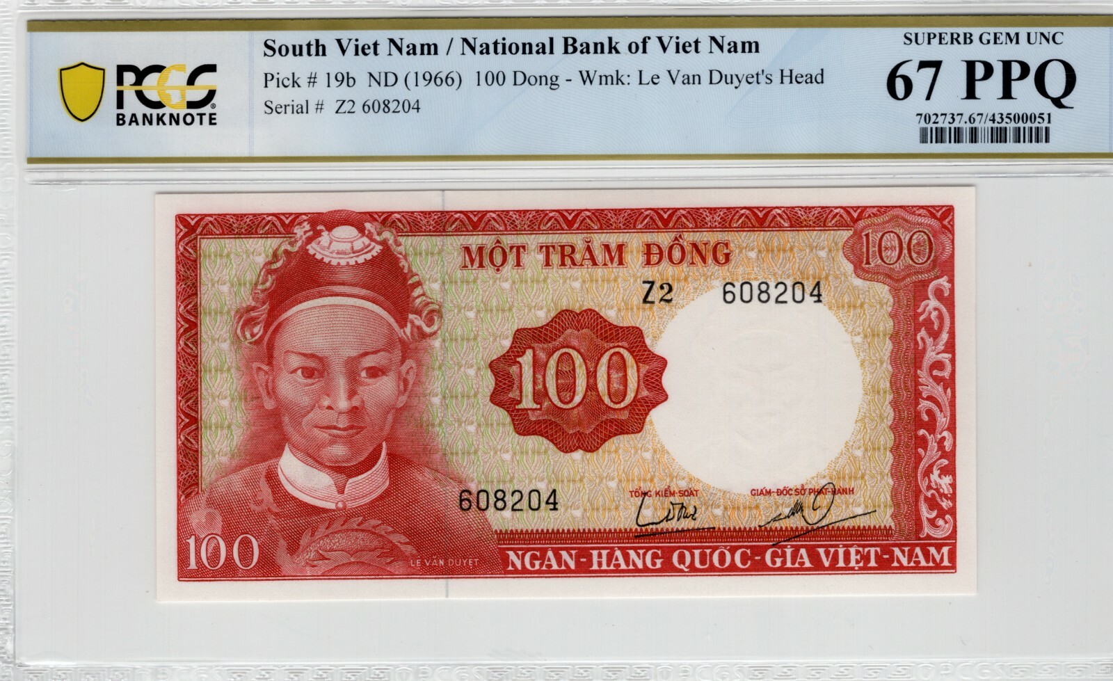 Vietnam 1966 100 Dong PCGS Banknote Certified UNC 67 PPQ Pick 19b Top Pop