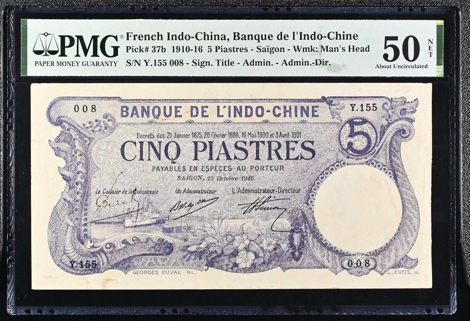 French Indo-China Saigon 5 Piastres 1916 PMG 50 Extremely rare in this grade