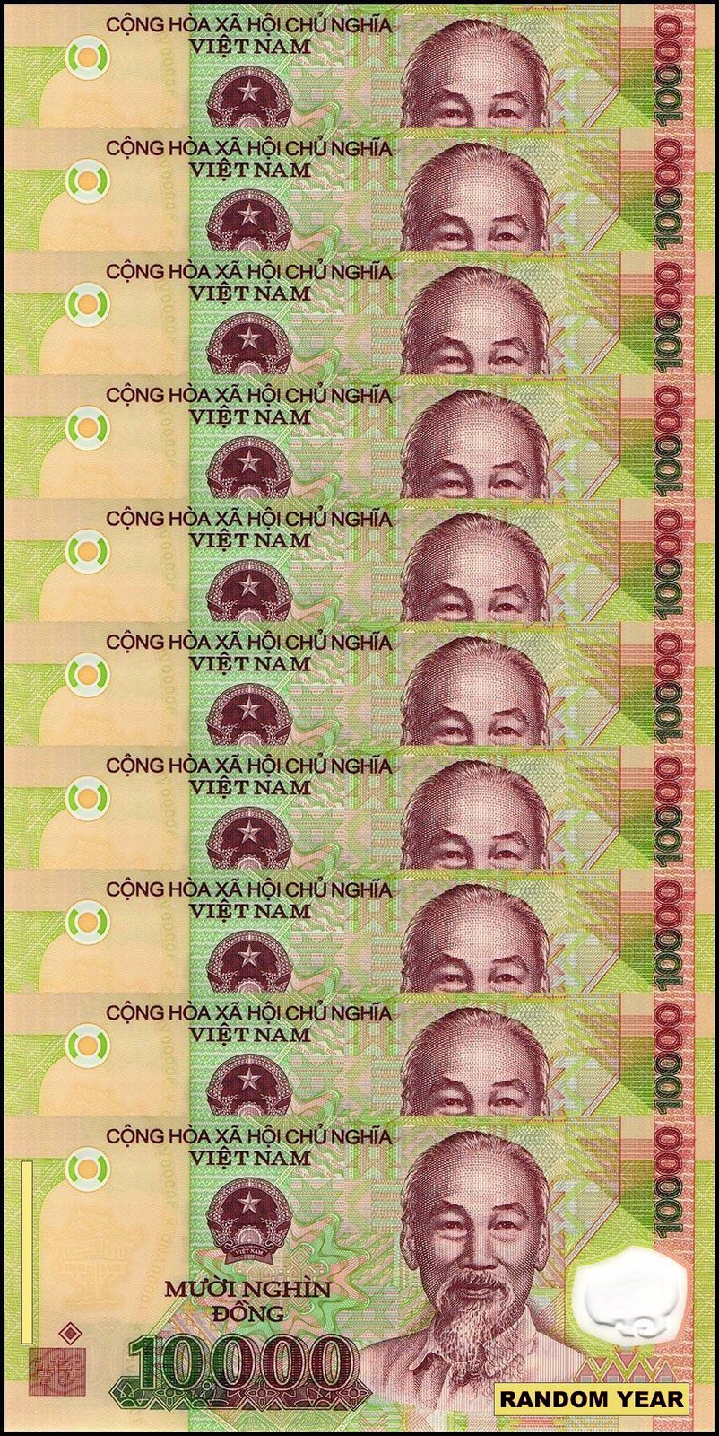 Vietnamese Currency 10000 Vietnam Dong, Random Year, UNC, Polymer X 10 PCS