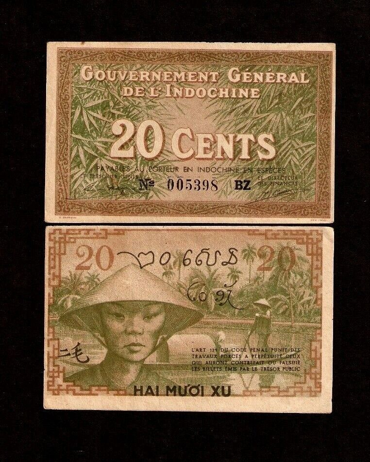 French Indo China 20 CENTS P-86D 1939 Vietnamese AUNC WorldCurrency VIETNAM NOTE