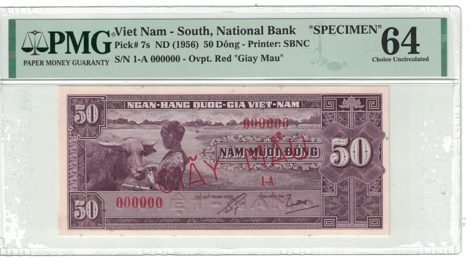 Vietnam South – Specimen 50 Dong 1956 PICK# 7s PMG: 64 UNC. #PL2240