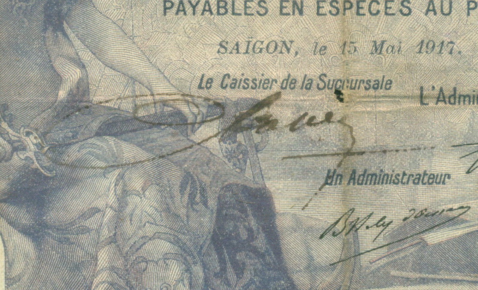 French Indochina 1917 20 Piastres Hand Signed at Le Caissier de la Succursale