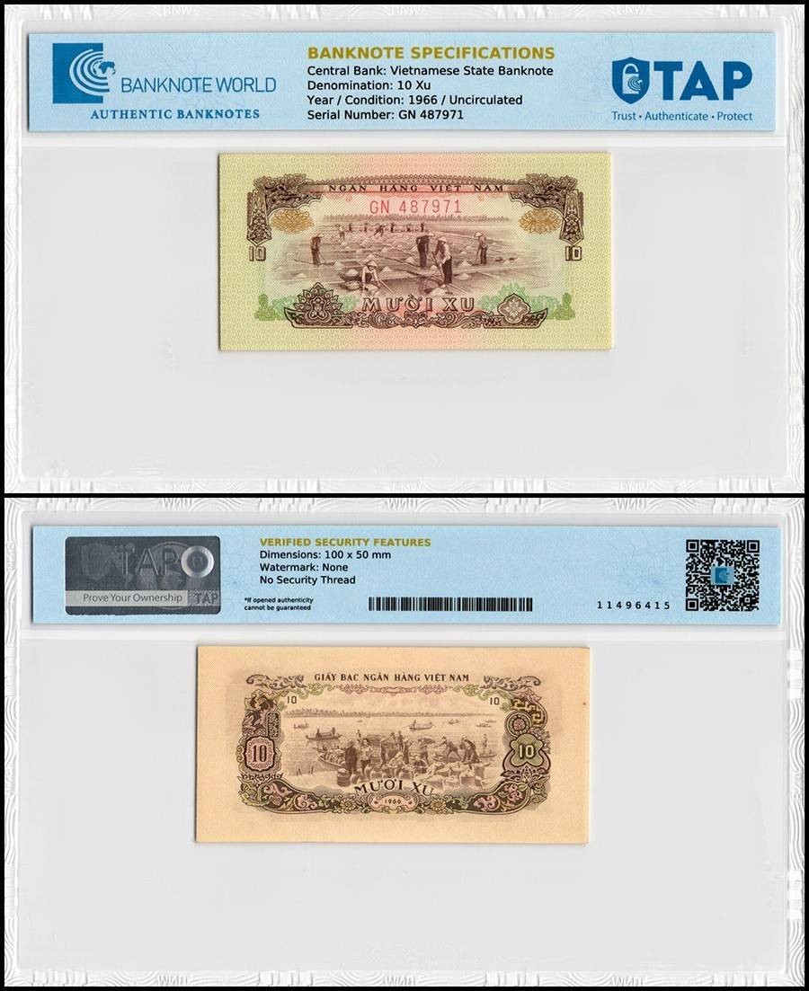 South Vietnam 10 Xu, 1966, P-37, UNC, TAP Authenticated