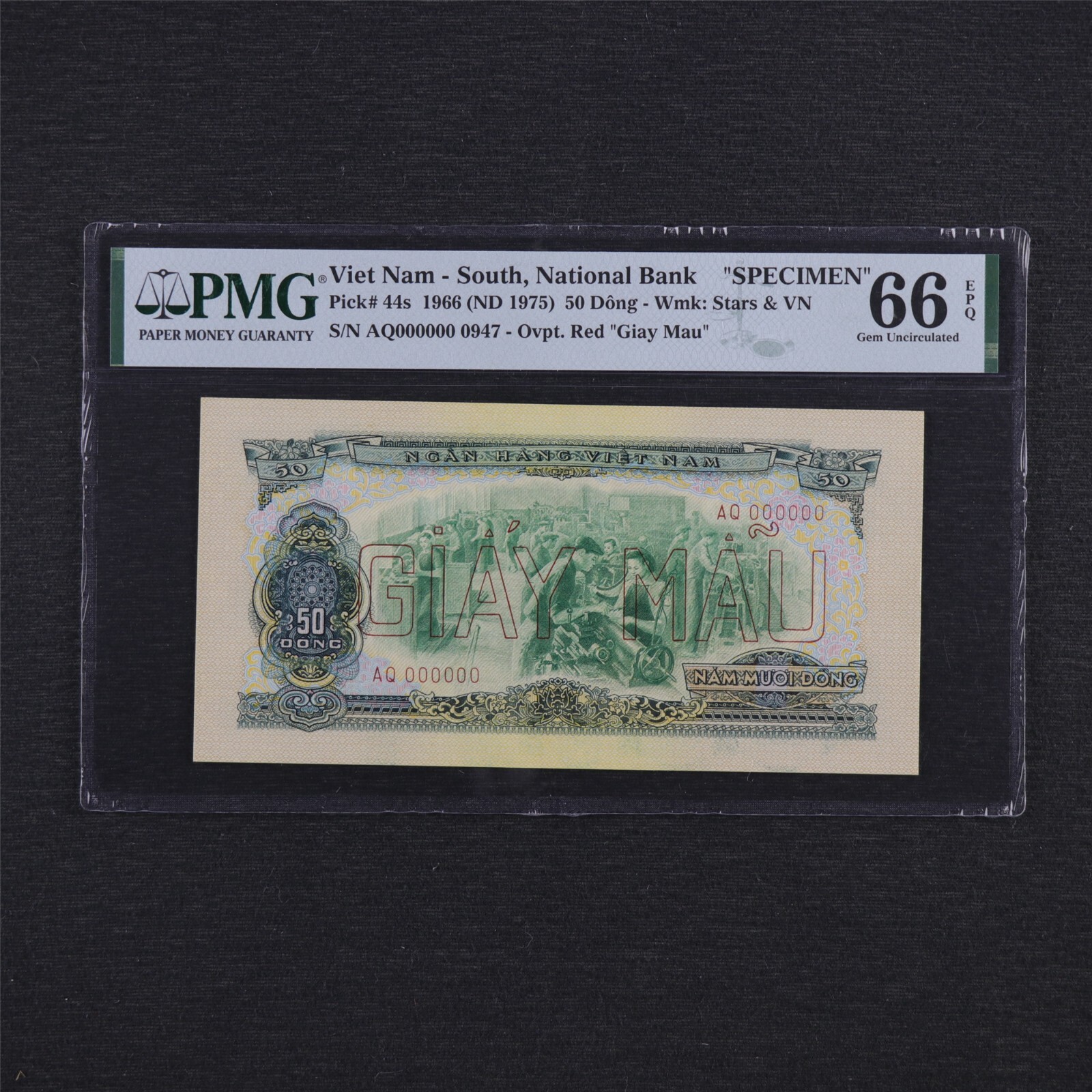 1966 Viet Nam South National Bank 50 Dong “SPECIMEN” Pick#44s PMG 66 EPQ Gem UNC