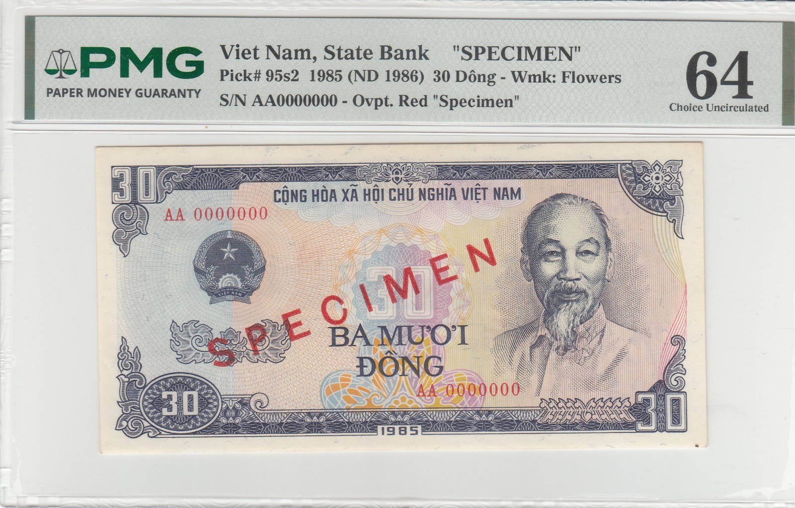 1985 Dem/Rep of Vietnam SPECIMEN, PMG Certified 30 Dong Bank Notes P#95s2.