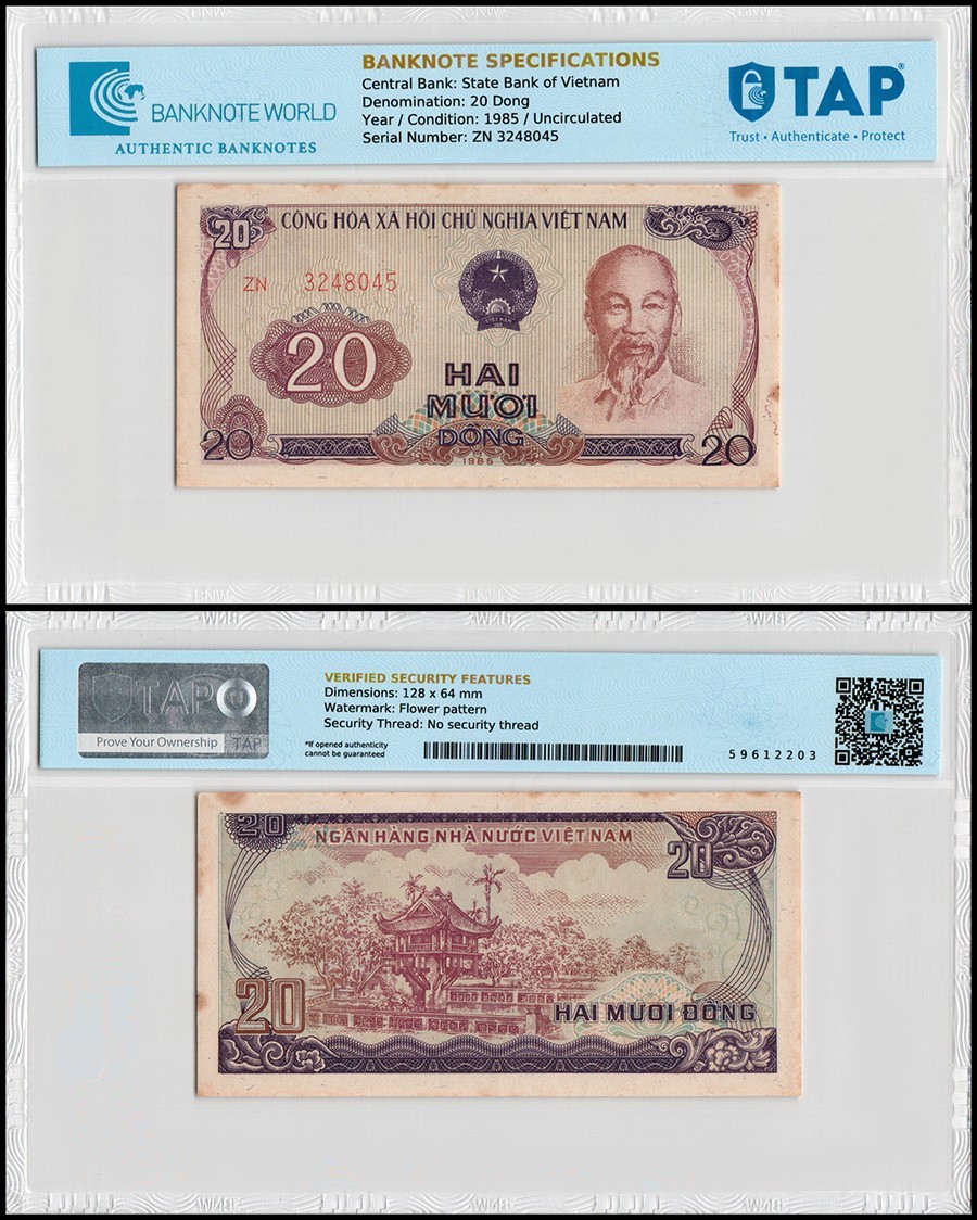 Vietnam 20 Dong, 1985, P-94, UNC, w/ Stains, TAP Authenticated