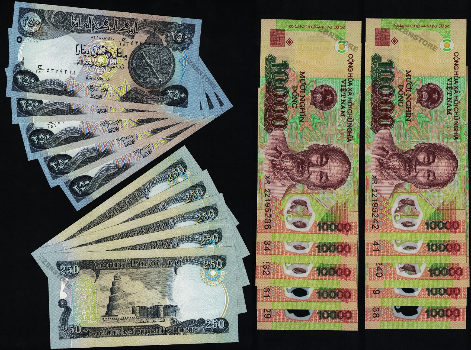 10 x 10,000 Vietnam Dong Banknotes + 10 x 250 Iraq Dinars Banknotes Uncirculated