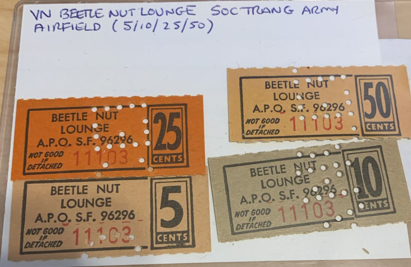 VIETNAM MILITARY LOT TRADE TOKEN CHIT BEETLE NUT LOUNGE SOC TRANG