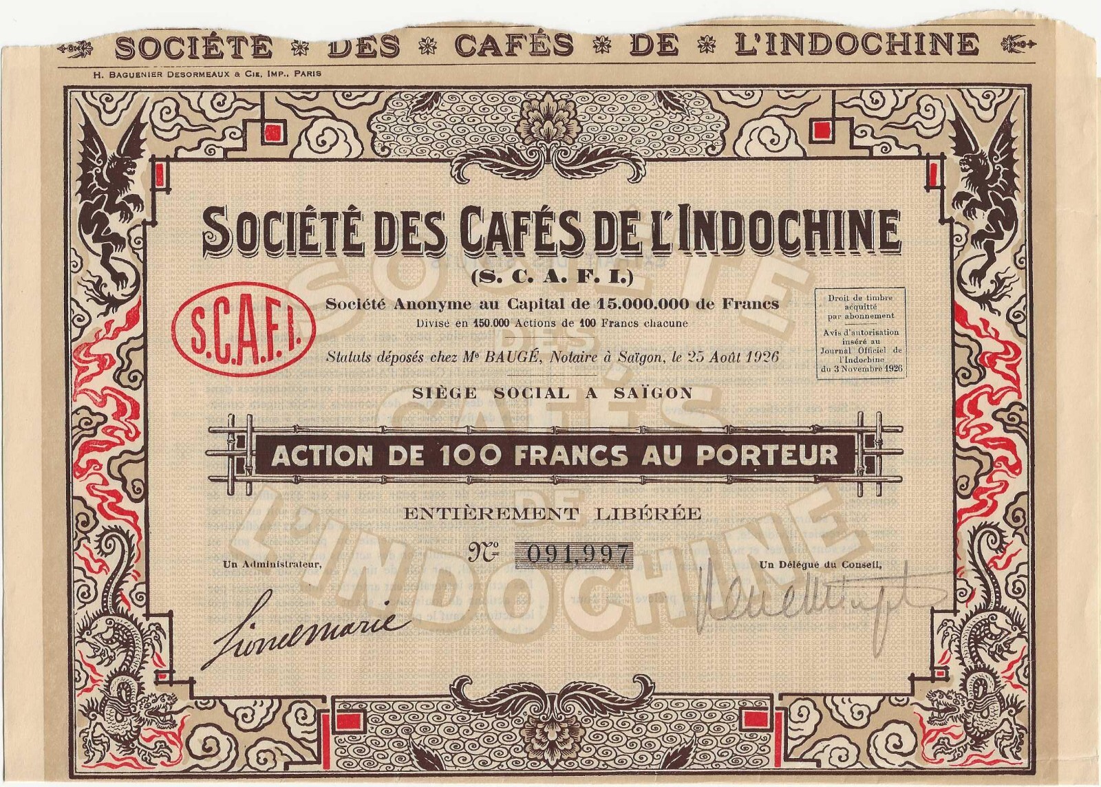 1926 Indochina/Vietnam Coffee Plantation Contribute Capital.