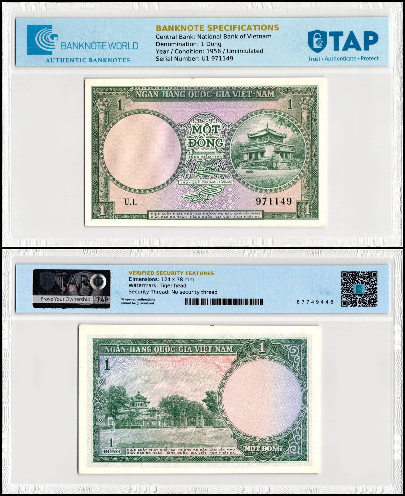 South Vietnam 1 Dong, 1956 ND, P-1, UNC, TAP Authenticated