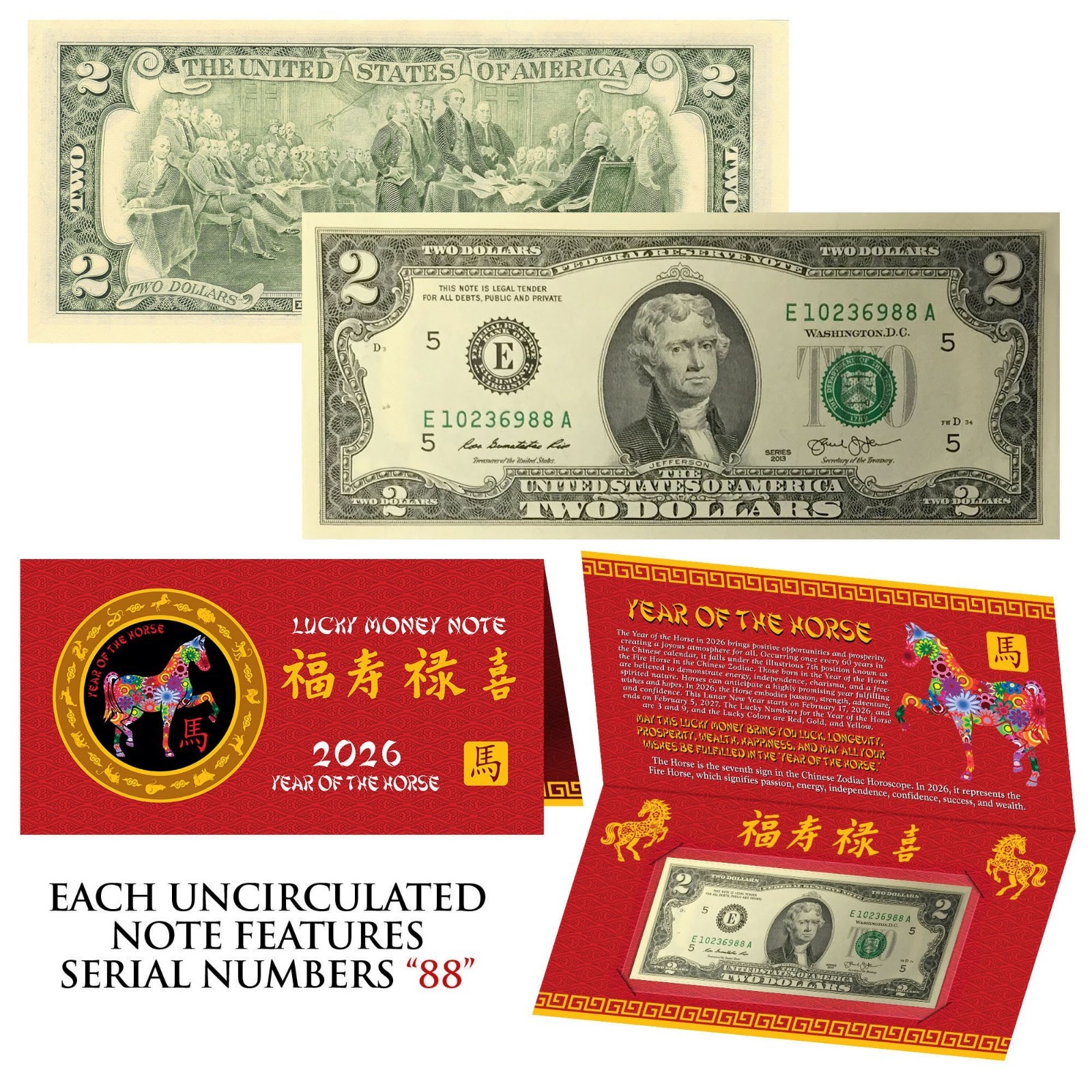 2026 Lunar Chinese New YEAR of the HORSE Lucky US $2 Bill w/Red Folder – S/N 88