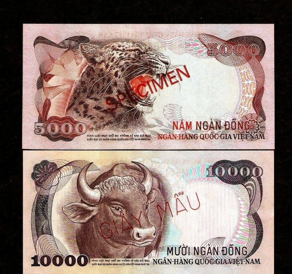 VIETNAM SOUTH 5000 10000 DONG P-35 P-36 1975 SPECIMEN SET UNC TIGER ANIMAL NOTE