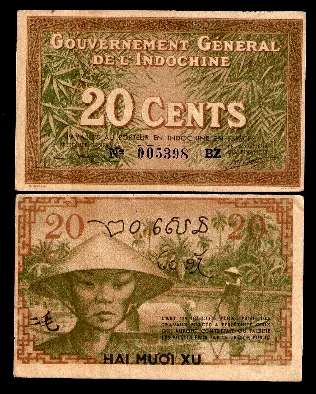 French Indo China 20 CENTS P-86D 1939 Vietnamese AUNC WorldCurrency VIETNAM NOTE