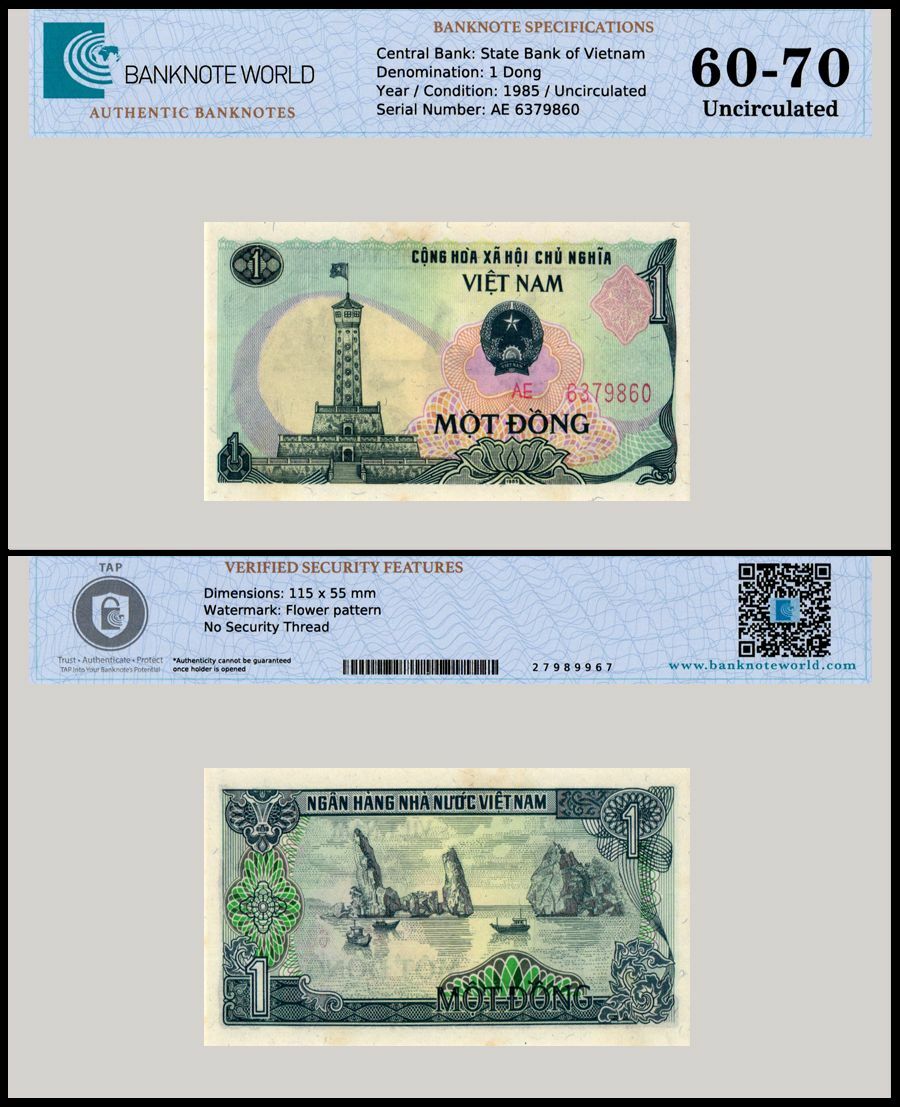 Vietnam 1 Dong, 1985, P-90, UNC, Authenticated Banknote