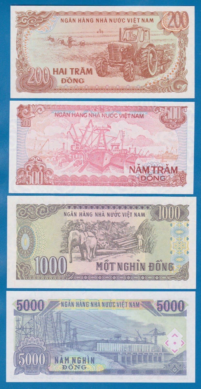 4 Notes! Vietnam 200, 500, 1000, 5000 Dong 1987, 1988, 1991 All UNC, Ho Chi Minh