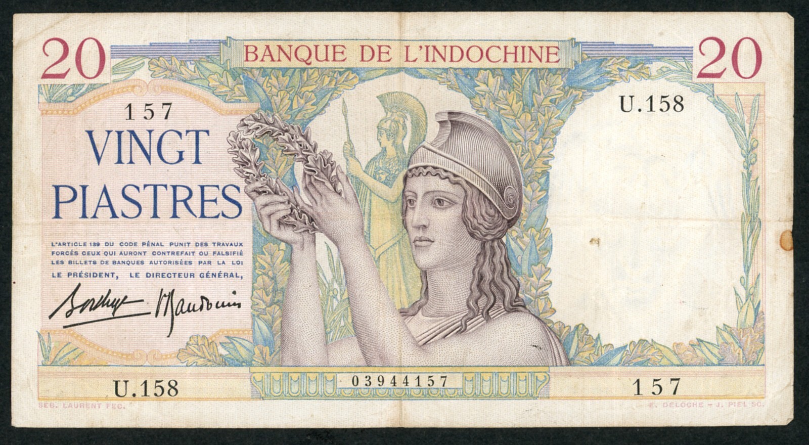 French Indochina 1936-1939 20 Piastres P56B U158-157 Women & Athena (IDN28))