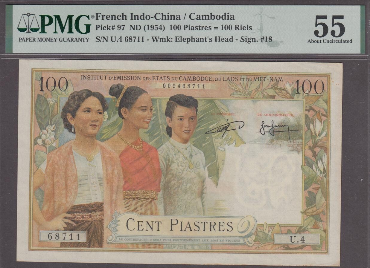 French Indochina 100 Piastres = 100 Riels Banknote P-97 ND 1954 PMG 55