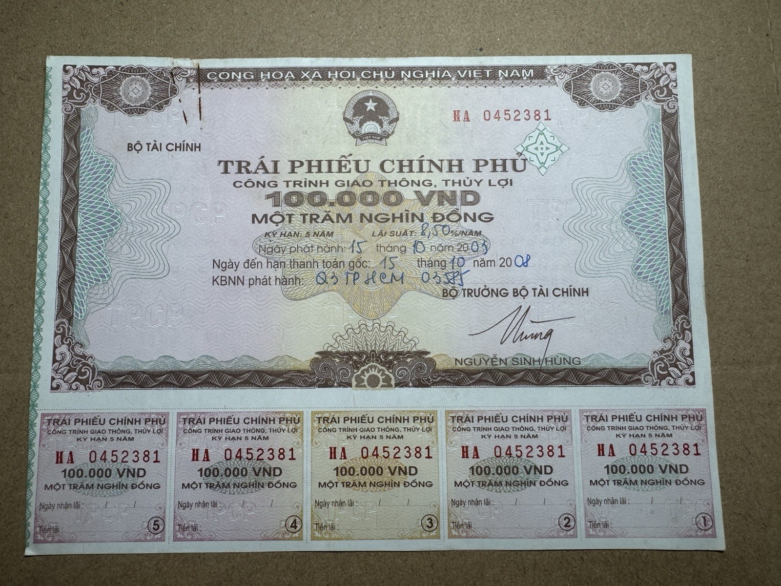 100,000 Dong Goverment Cheque 2003 Rare_LDP Shop.