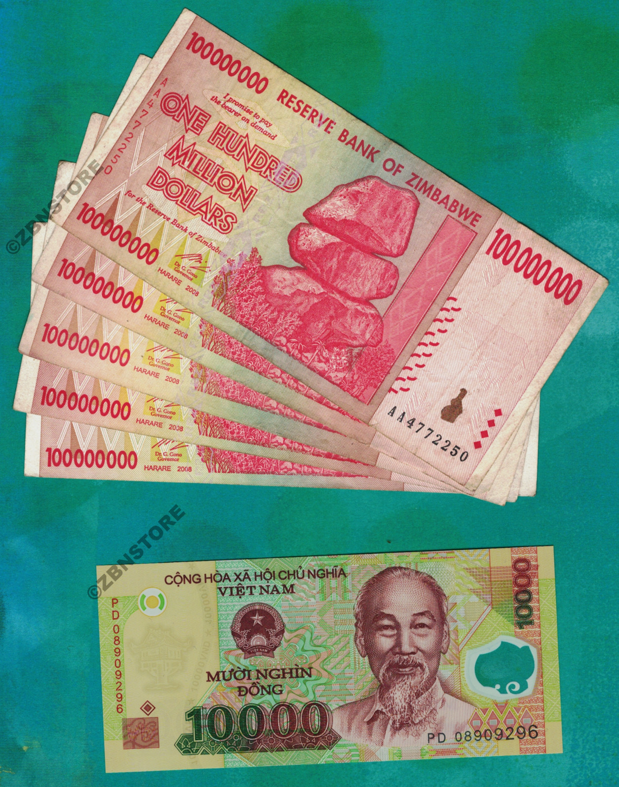 5 x 100 Million Zimbabwe Dollars AA + 1 x 10,000 Vietnam Dong Banknotes Currency