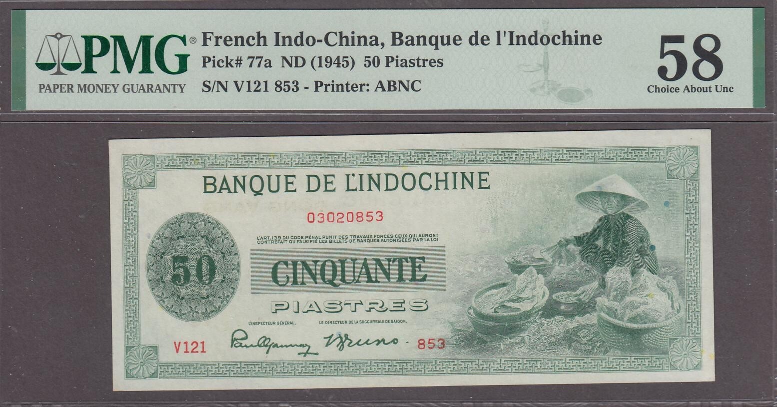 French Indochina 50 Piastres Banknote P-77a ND 1945 Choice AUNC PMG 58