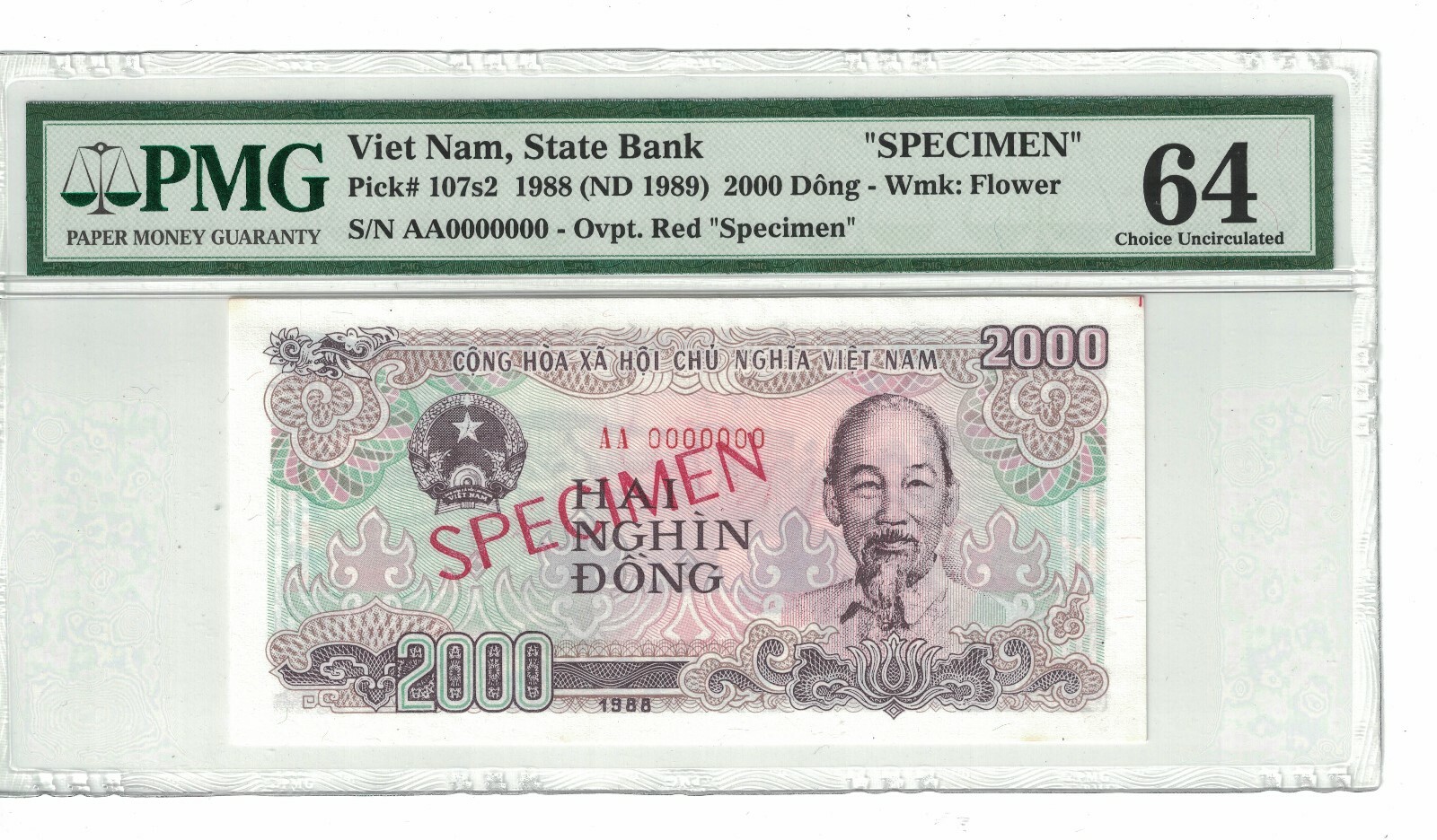 VIETNAM – SPECIMEN 2000 DONG 1988 PICK# 107s2 PMG: 64 Choice UNC. (#PL877)