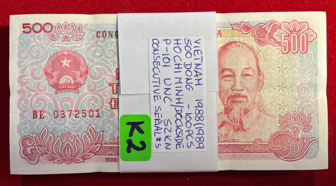 K2 Vietnam; Bundle of 100 Pcs – 500 Dong 1988 P#101 UNC Consecutive Numbers !!!