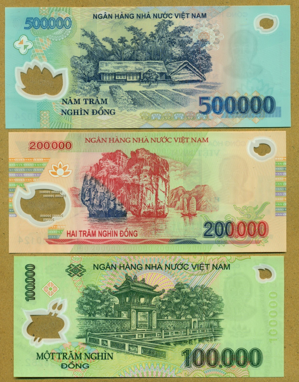 Vietnam Full set of 7 notes 10,000 to 500,000 Dong Polymer Issue 100% UNC