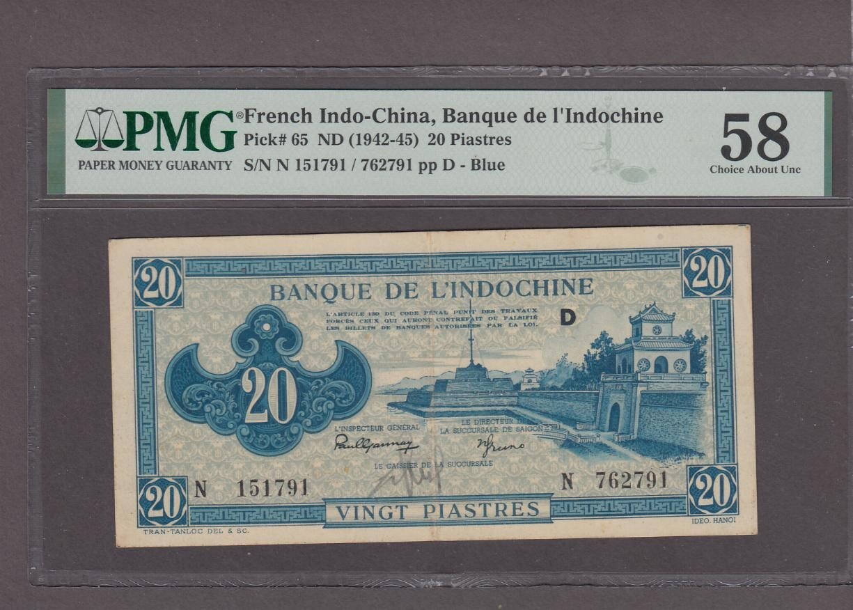 French Indochina 20 Piastres Banknote P-65 ND (1944-45) PMG 58
