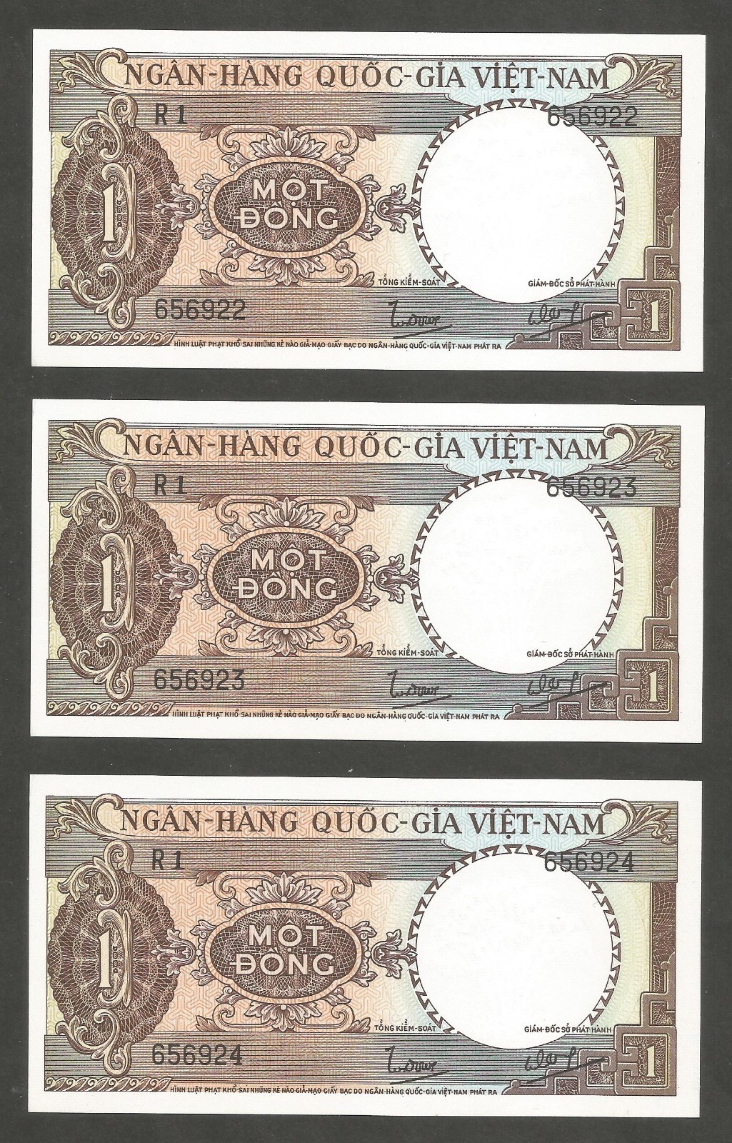 South Vietnam 1 Dong N.D. (1964); UNC; P-15a; BNB-B119a; Lot of 3 consecutive #
