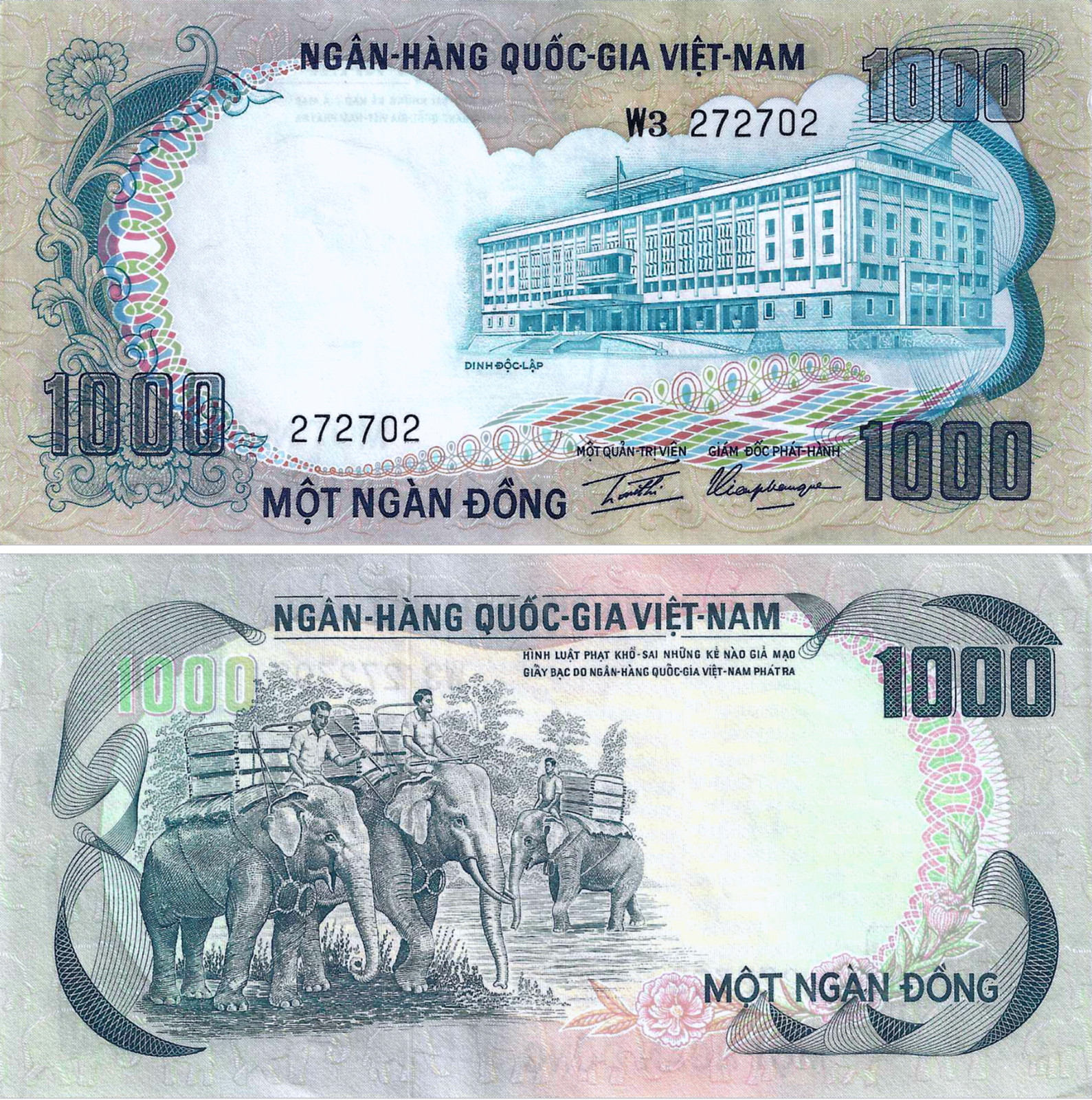 South Vietnam 1000 Dong, Year 1972, Series W3, Various Serial Numbers, P-34a
