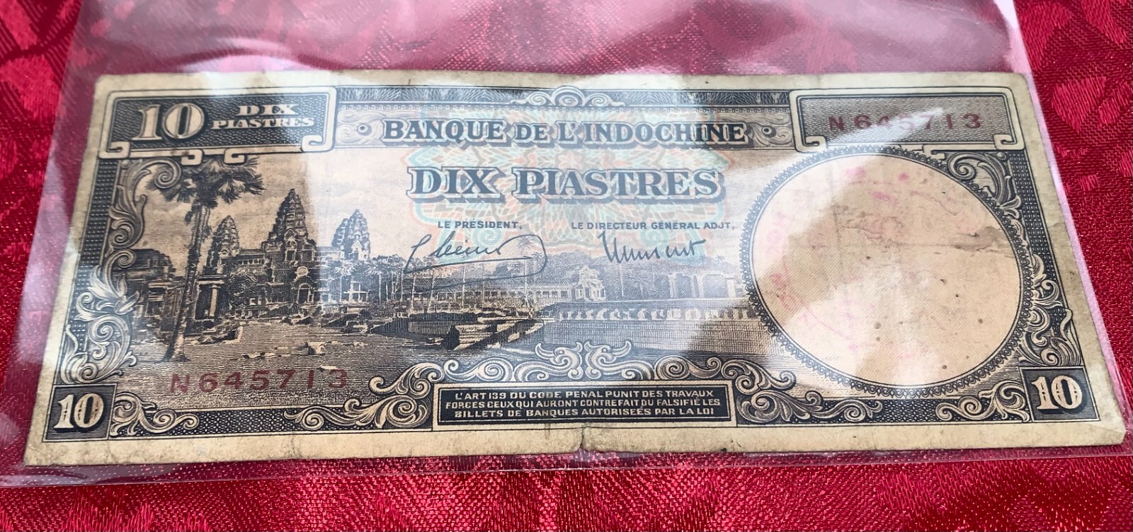 French Indochina China 10 Piastres 1947 P-80 TDLR BankNote N 645713